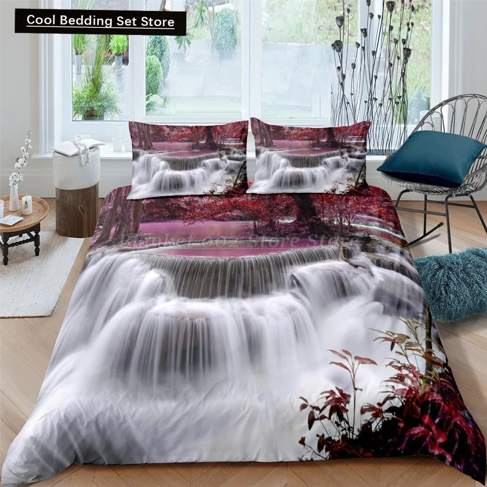 

Waterfall king Queen Duvet Cover Floral Trees Bedding Set Natural landscape quilt cover Purple Dream polyester Comforter Cover