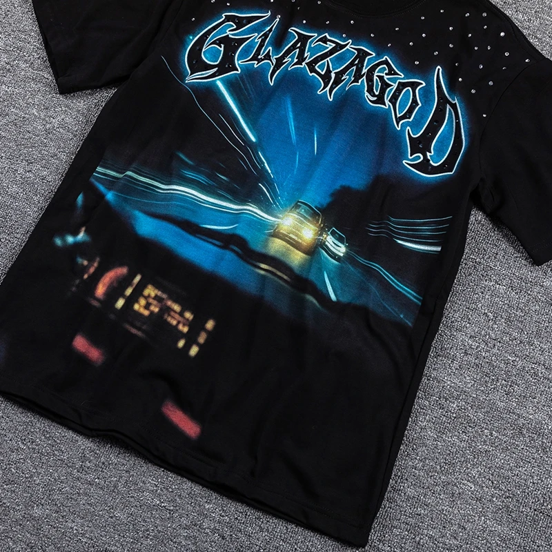 Retro Nachthimmel-Landschafts-Grafik T-Shirt Damen Strassbesetztes Weites Schwarzes T-Shirt Y2K Punk Hip-Hop Streetwear T-Shirts Tops Herren – Detail 6