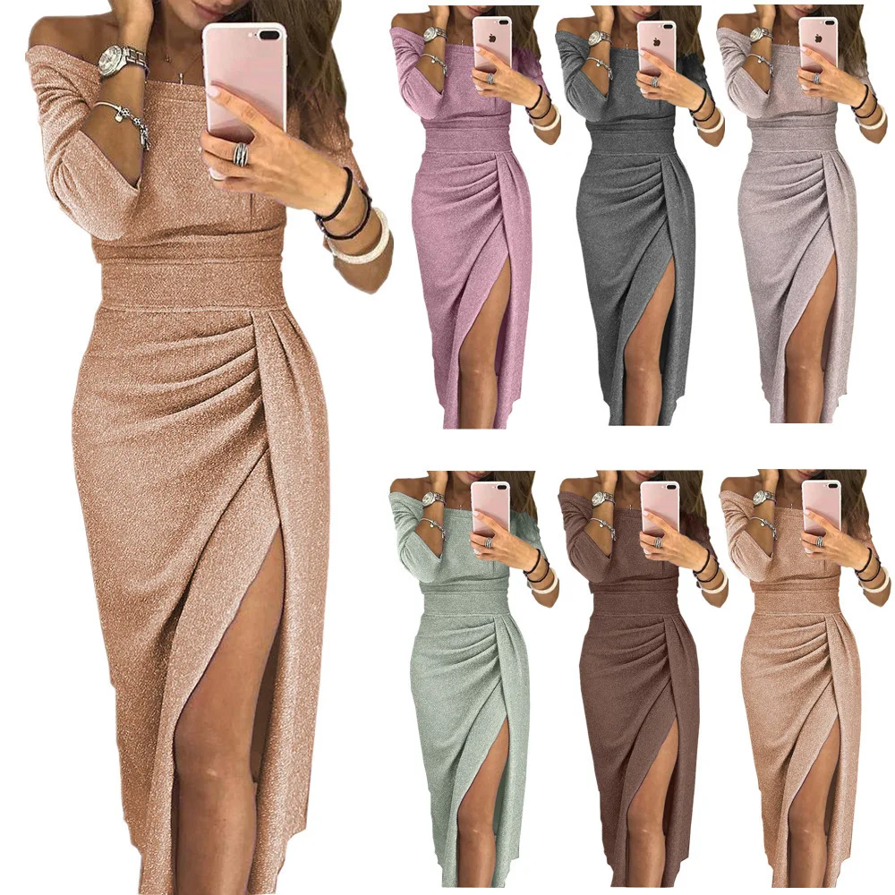 2023 New Women\'s Off Shoulder Long Sleeve Bodycon Evening Party Long Dress Asymmetrical Split Pencil Dresses S M L XL XXL