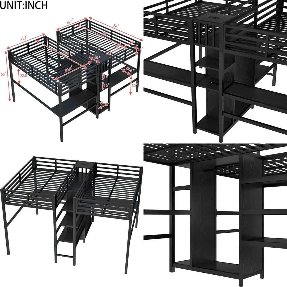 

Двухъярусная металлическая кровать Twin Size со столом, зарядной станцией, шкафом и местом для хранения, с шумопоглощением, черная