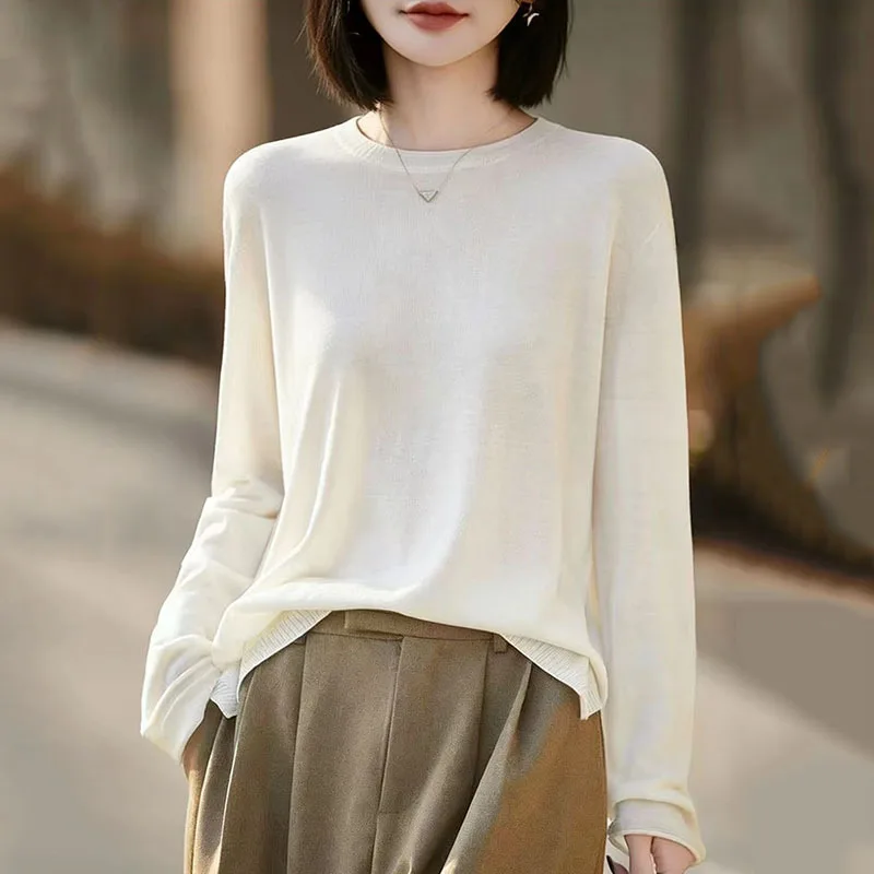 Slimming Ice Silk Long Sleeve Knitted Shirt Casual Summer New Style round Neck Short Cuffed Fashionable Versatile Thin Knitwear