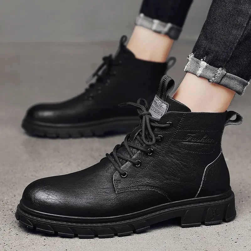 Classic Men Black Ankle Boots Four Seasons Vintage Fashion Waterproof Comforts Handmade Leather Boots Mens Hiking High Top Shoes