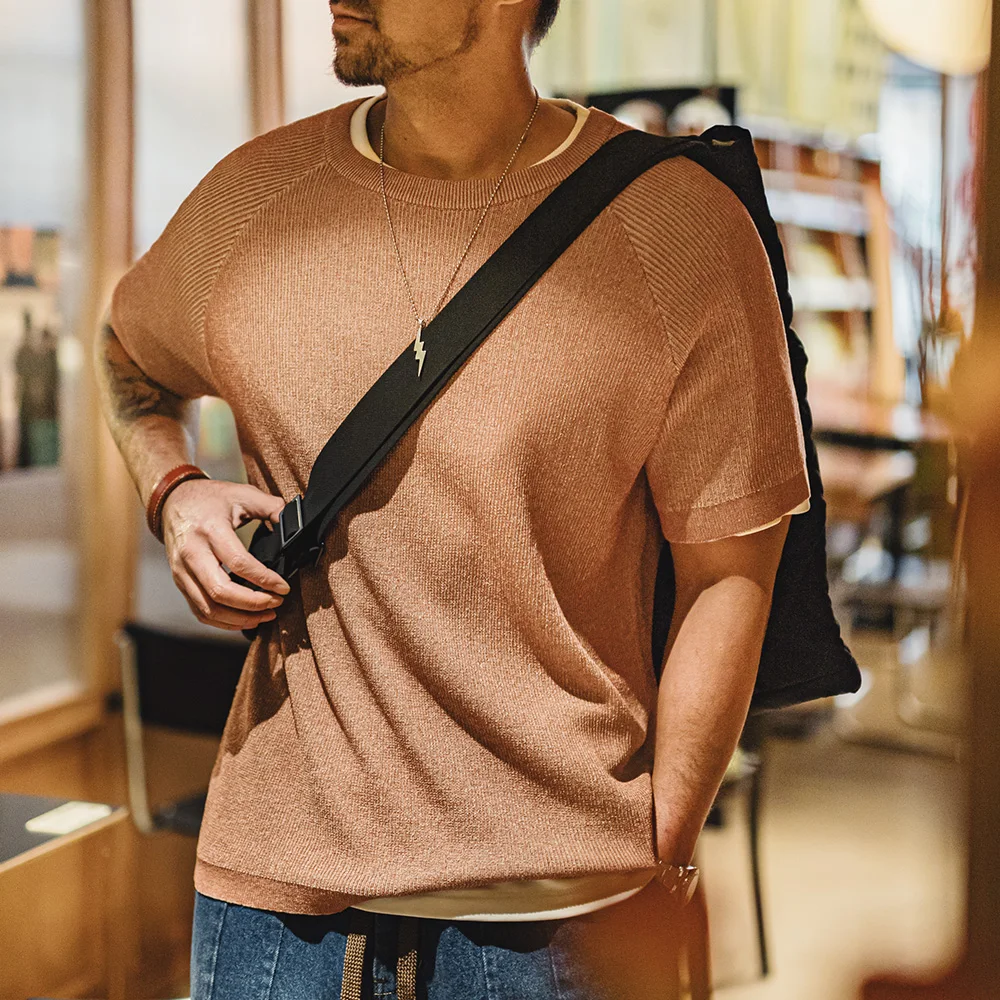 Maden New Vintage Orange Knitted Short Sleeve T-Shirt Men's Summer Loose Fit Ribbed Crew Neck Tee Breathable Casual Street Tops