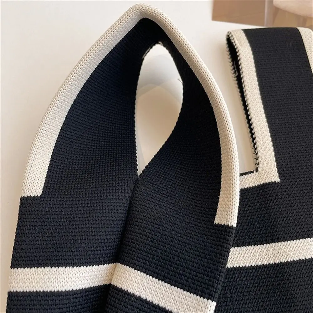 Casual Reusable Handmade Shopping Bags Knit Handbag Plaid Tote Bag Knot Wrist Bag