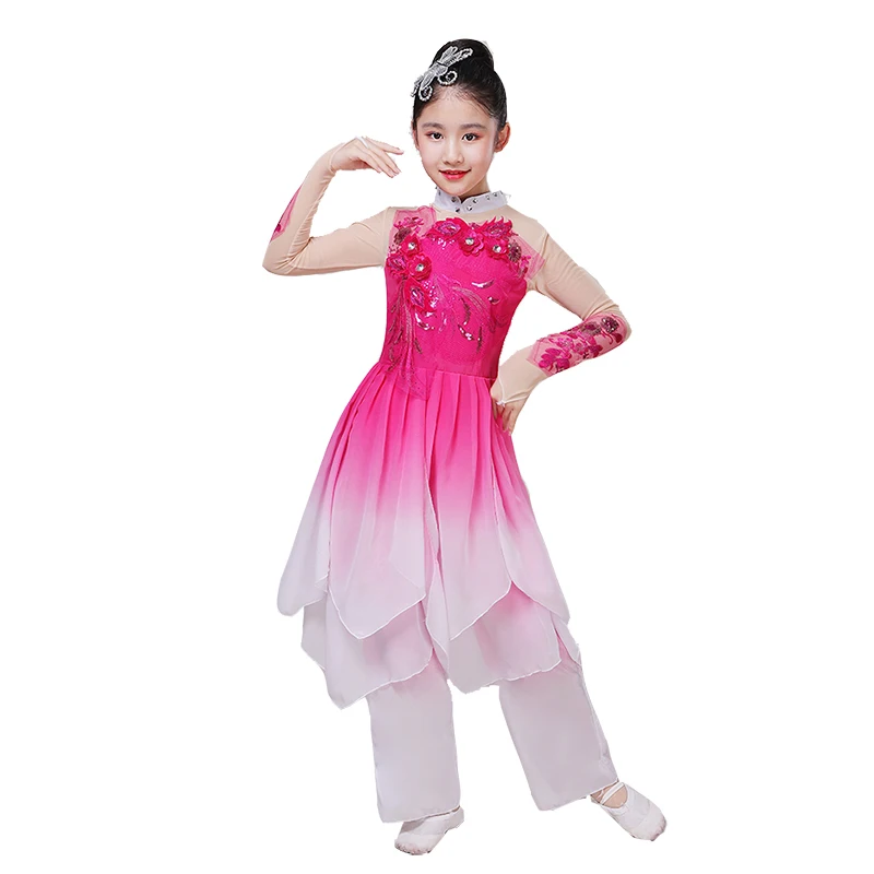 Costumes Yangge pour enfants Fan danse robe Hanfu moderne filles enfants Style chinois pratique Yangge gaze Costumes de spectacle