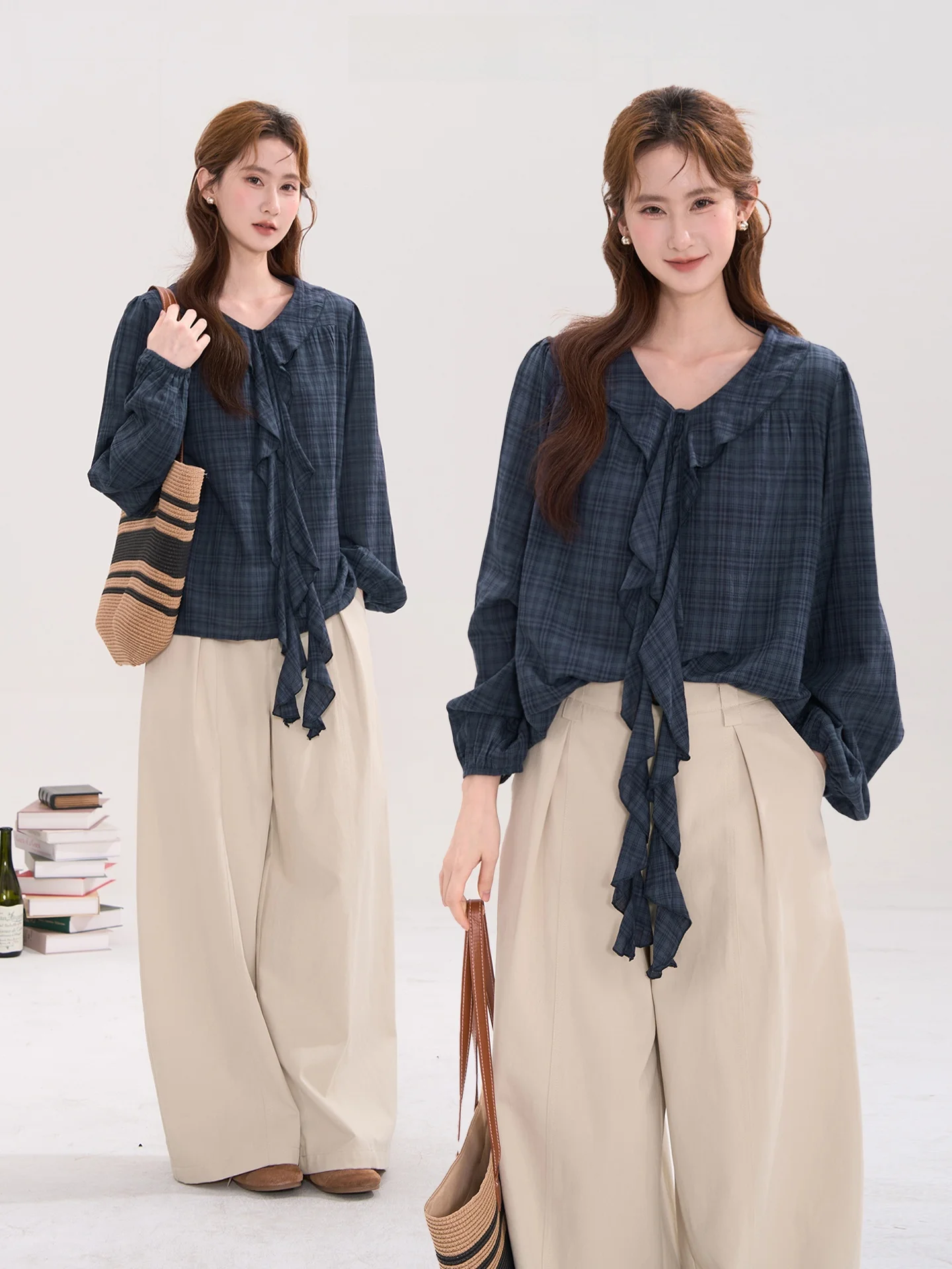 

Heme Neon Initial Summer Versatile Long Sleeve Ruffle Loose Age-Defying Women's Shirt Pure Cotton Plaid Rose Pattern Sim...