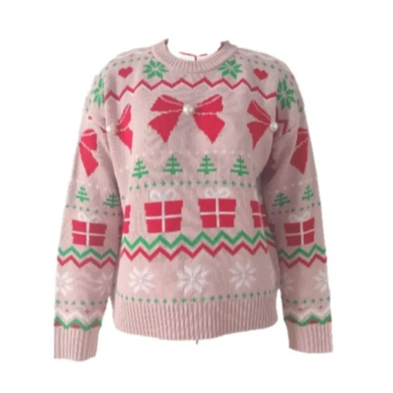 Women Christmas Knit Sweater Winter O-neck Xmas Gift Bow Snowflake Tree Pattern Pullover Ladies Casual Loose Party Jumper 5