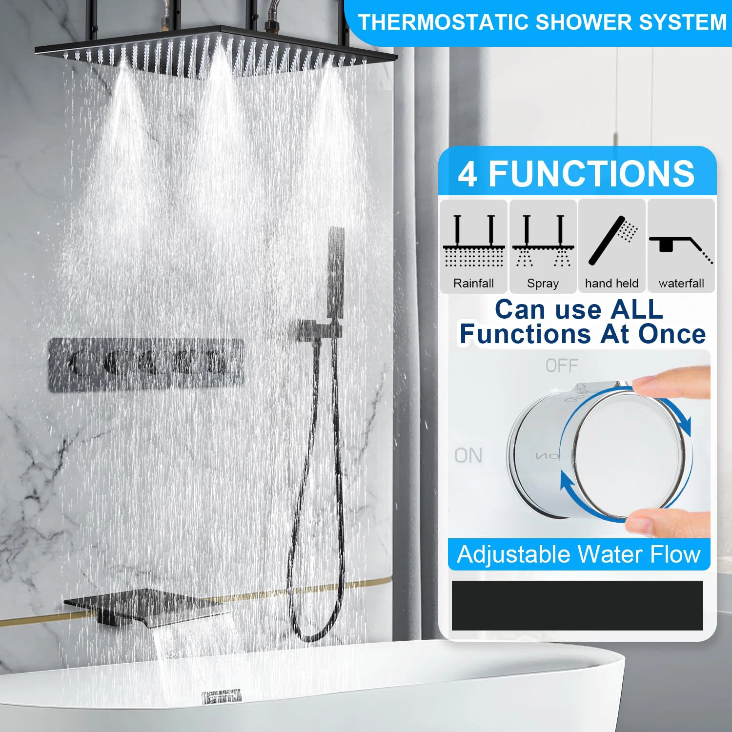 Matte Black 16 Inch ceiling Dual Function Spray Shower Head 4 Way Thermostatic  System set Complete with Tub Spout