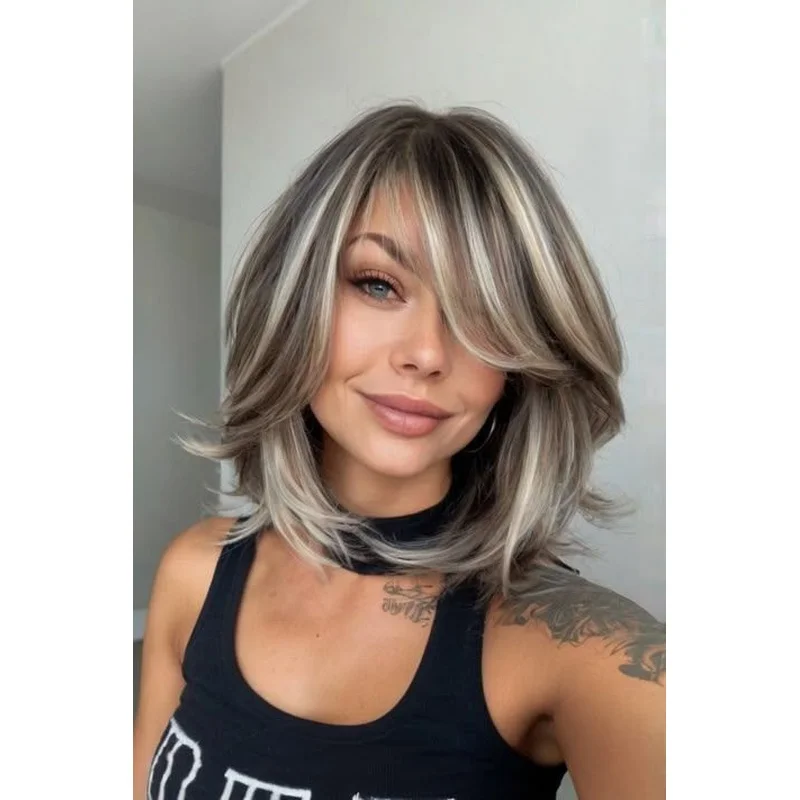Bob Brown Mixed Blonde Highlights Short Straight Lace Front 100%  Hair Wig