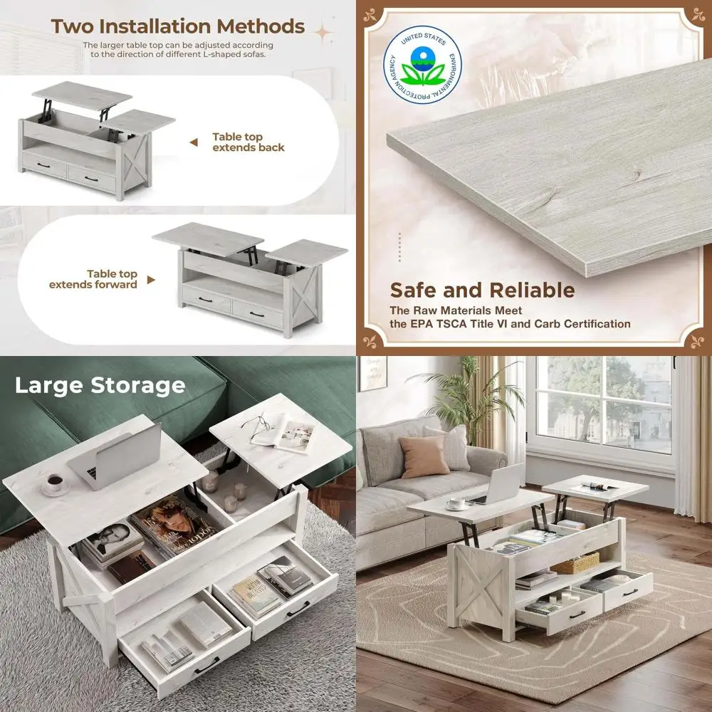 Gray Retro Lift-Top Coffee Table with Storage Drawers and Hidden Compartment for Living Room