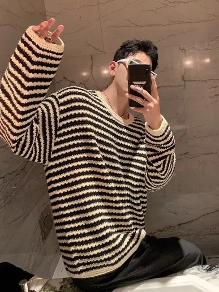 Sweaters Men Casual Baggy Fashion Striped Autumn Oversize Hollow Out Knitwear Retro Japanese Style Teenagers Vintage Advanced