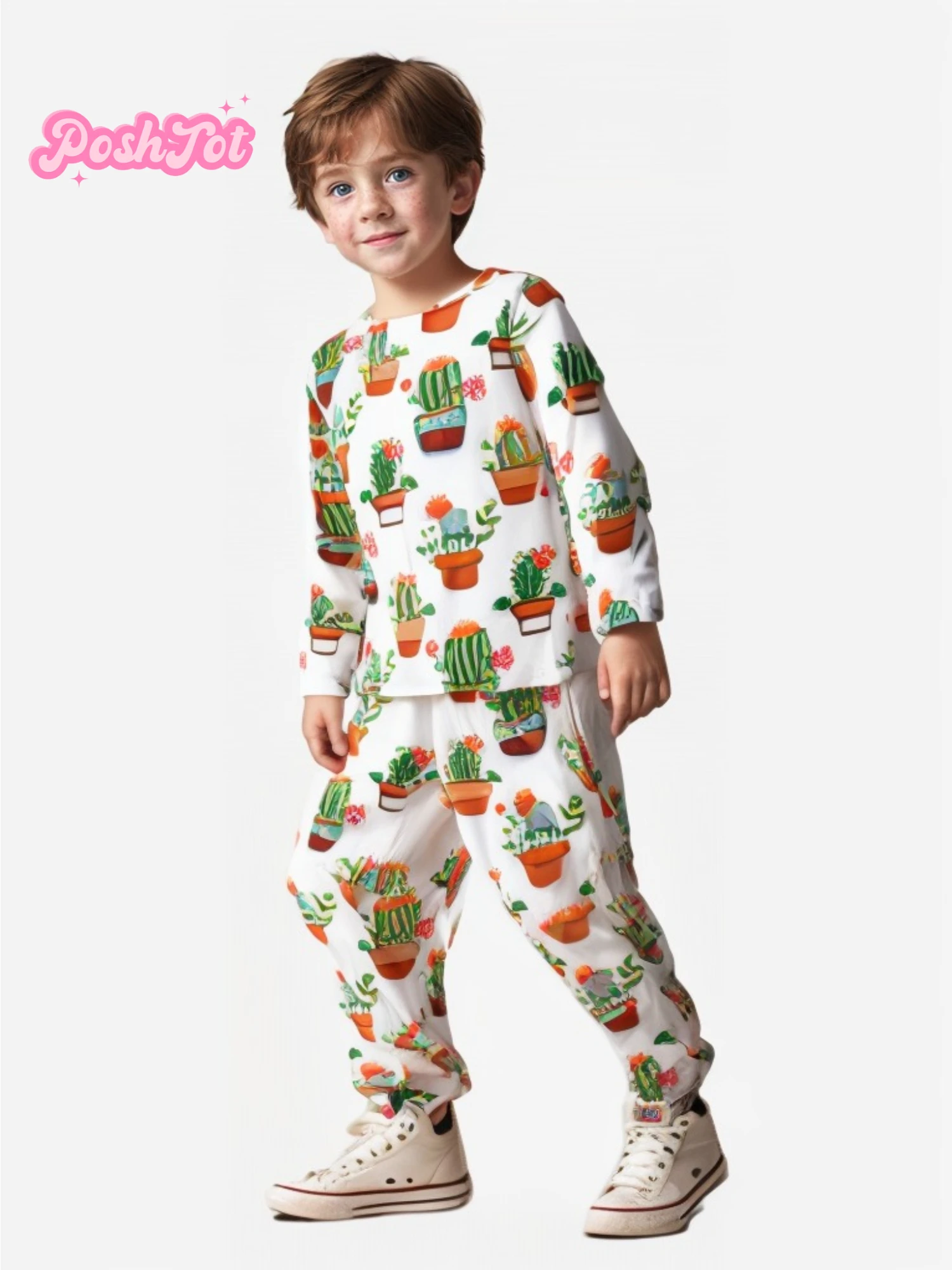 

POSHTOTX Prickly Pear print breathable 220gsm bamboo fiber long sleeve pants for kids, lightweight, no labels for sensitive skin