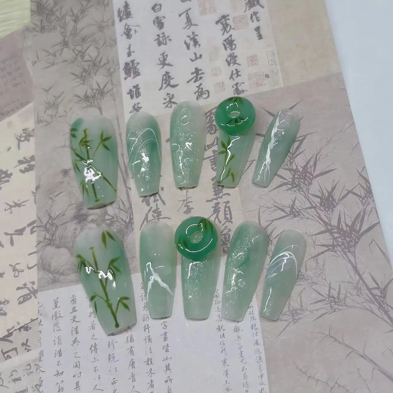 10 Stuks Handgemaakte Nep Nagels Groene Bamboe Pers Op Nagels Chinese Oude Stijl Jade Valse Nagels Patch Voor Vrouwen Meisje Draagbaar