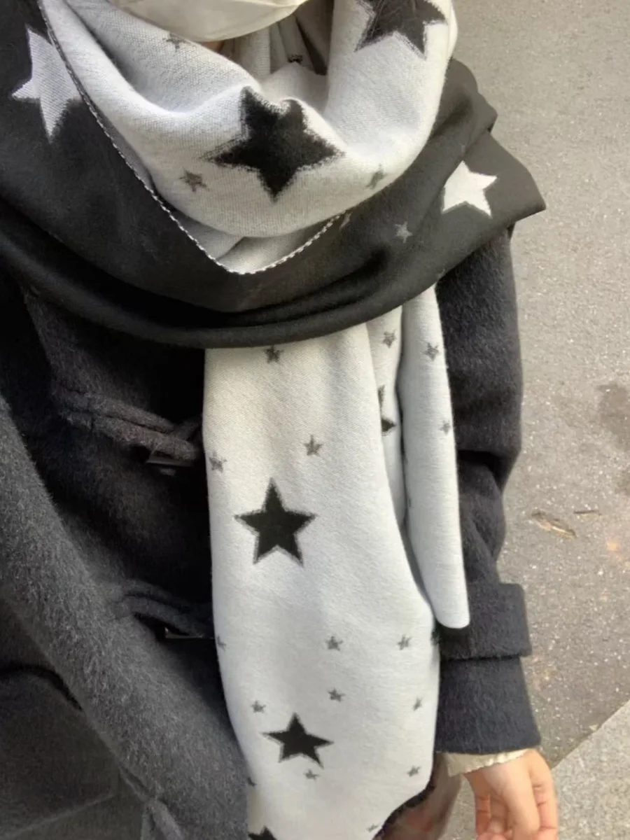 

Японская субкультура Y2k звезды двусторонний шарф пара женщин зимняя теплая студенческая школьная форма атмосфера шарф шаль женский