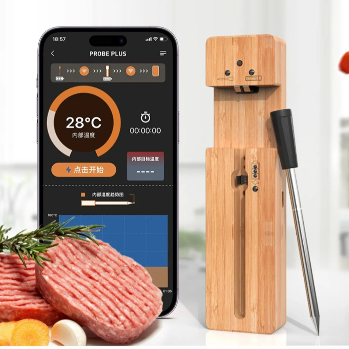 1PC Bluetooth Wireless Meat Thermometer Long Range Fast Charge Smart APP Digital Food Thermometer for Grill Smoker Men Gift