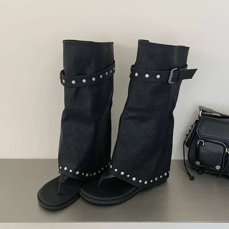 Eilyken Vintage Comfortable Low Heels Round Clip Toe Women Knee-High Boots Sandals Designer Rivet Belt Buckle Summer Shoes - view 2