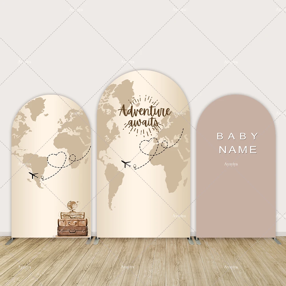 

Adventure Travel Brithday Arch Backdrop Cover Customized Name Brown Baby Shower Party Arched Wall Background Banner Doublesided
