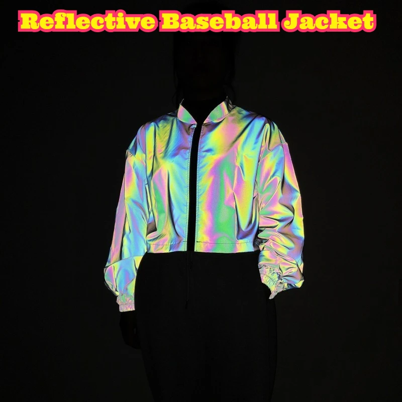Jaqueta de beisebol reflexiva colorido casaco curto oversize streetwear bombardeiro jaqueta moda outerwear feminino y2k festa clubwear