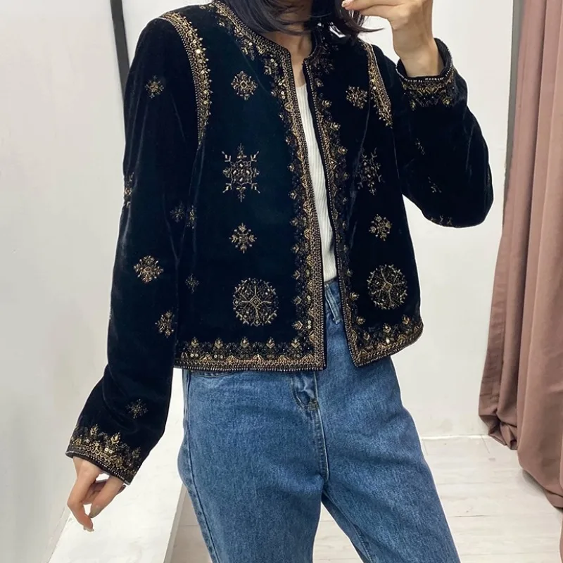 

Women's Replica Ethnic Style Heavy Industrial Embroidered Sequin Decorated Jacket Velvet Short Cardigan Autumn and Winter Women