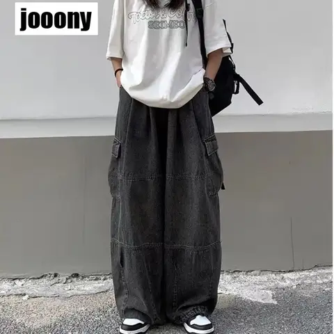 2022 봄 가을 바지 y2k 남성용 헐렁한 청바지 넓은 다리 바지 주머니 신축성있는 허리 streetwear 느슨한 편안한 바지