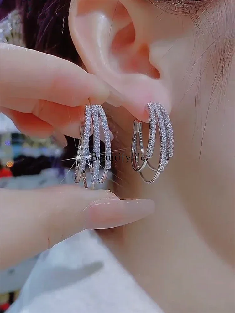 round Ring Earrings New Trendy Temperament Wild Ear Clip Light Luxury Diamond Golden Earrings