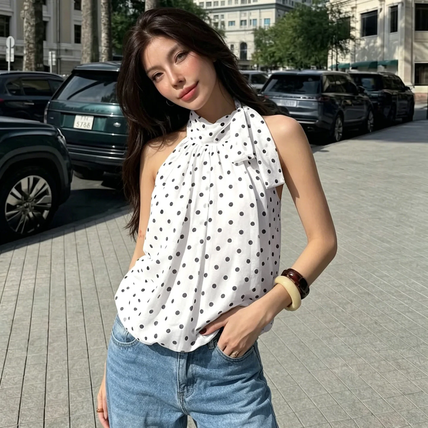 

Halter Sleeveless Backless Slim Lace Up Polka Dot Print Chiffon Top Sexy Elegant Casual Y2K Top Party Club Summer Outfit