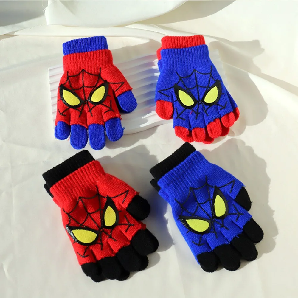 Marvel Spider-Man Kids Gloves Winter Warm Knitted Half Finger Gloves Boys Cartoon Hero Mitten for 6-12 Years Old School Children