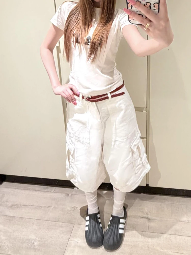 American Workwear Style White Multi-Pocket Seven-Foot Jeans Women Summer New Slim Straight Casual Wide Leg Mid-Pants