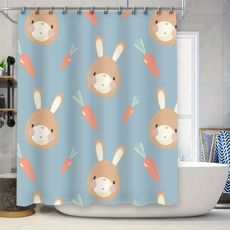 

Adorable Blue Shower Curtain with Bunny and Carrot Pattern for Kids Bathroom Decor Waterproof Fabric for Home Bath Accessories