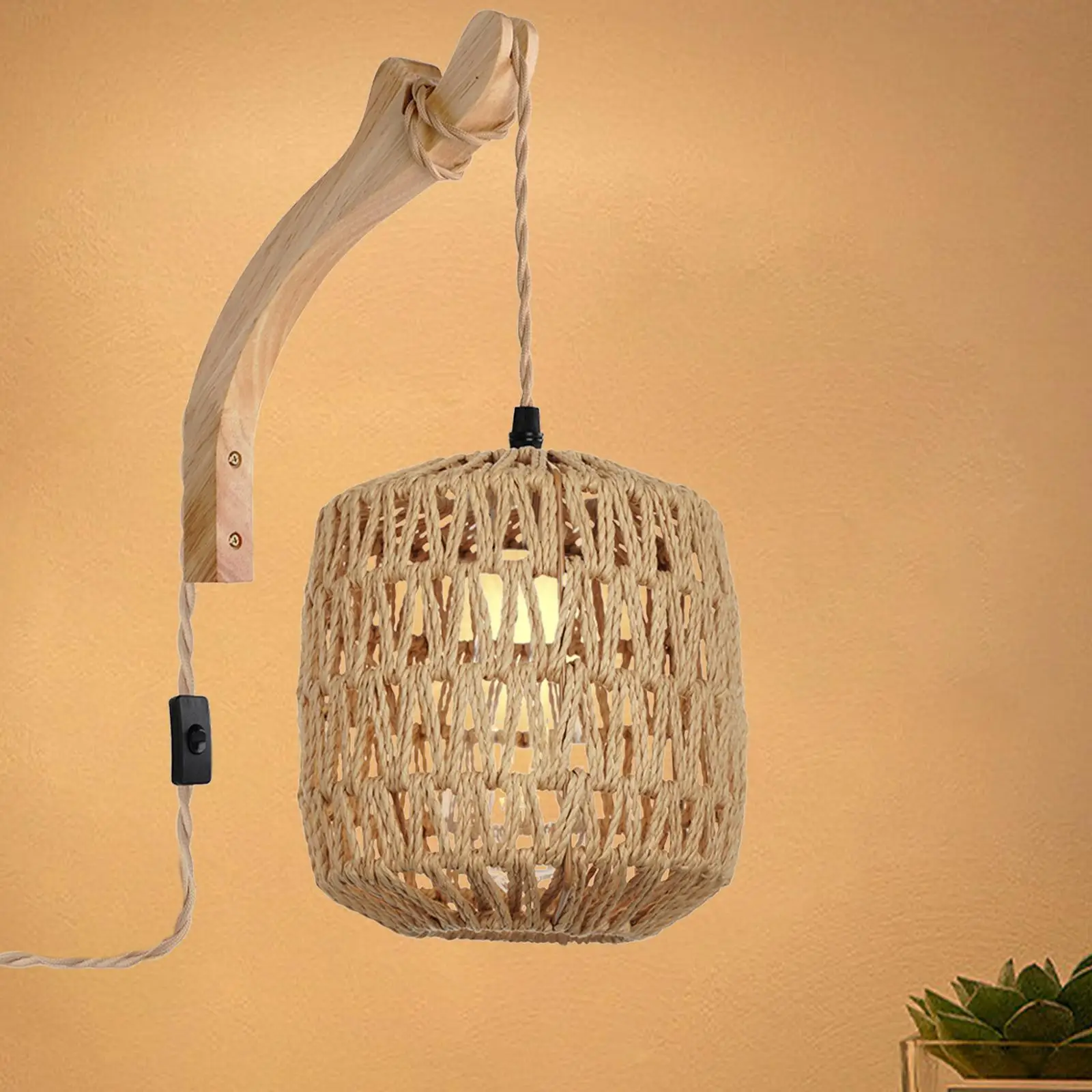 

Rustic Wall Lamp Handwoven Shade Pendant Light with Wood Arm Adjustable Cord Wall Sconce for Nursery Porch Hallway Bedside