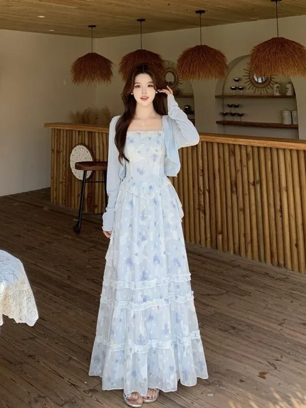 

Sweet Style plus Size Women's Dress Blue Floral Lace Splicing Strap Long Waist Cinched Skirt City Commute Summer New Arrival