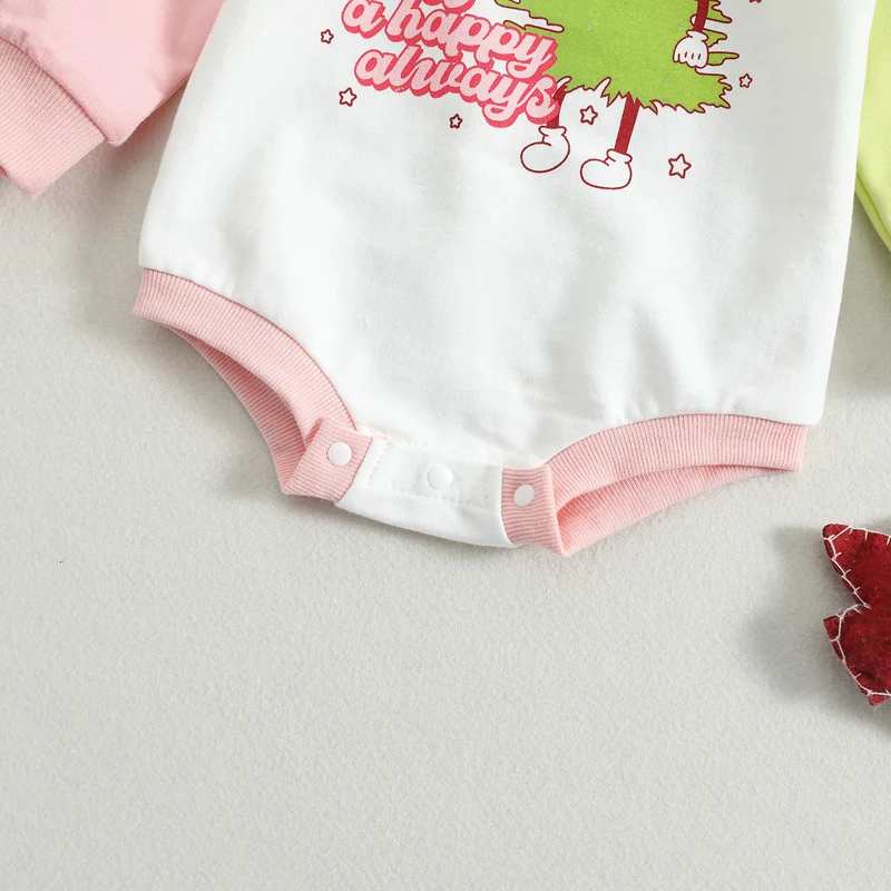 Infant Unisex Christmas Romper with Festive Letter Print and Round Neck Long Sleeve Contrast Color Jumpsuit for Holiday