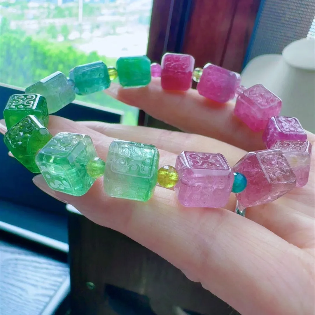 Natural Red Green Tourmaline Clear Cube Beads Bracelet Carved 10/9/9mm Pink Blue Tourmaline Women Men Jewelry AAAAAAA