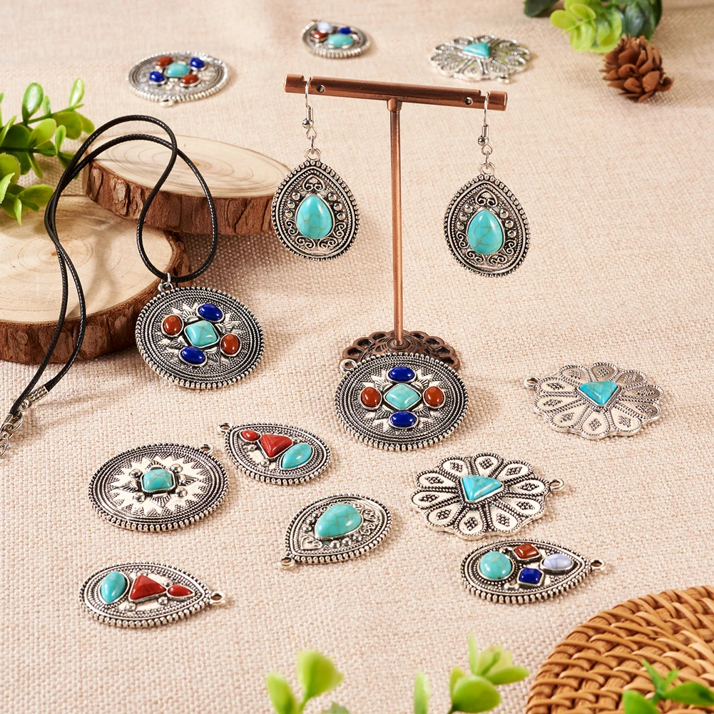 24Pcs Geometric Flower Bohemian Style Antique Silver Color Alloy Charms DIY Jewelry Making Necklace Earrings Accessories