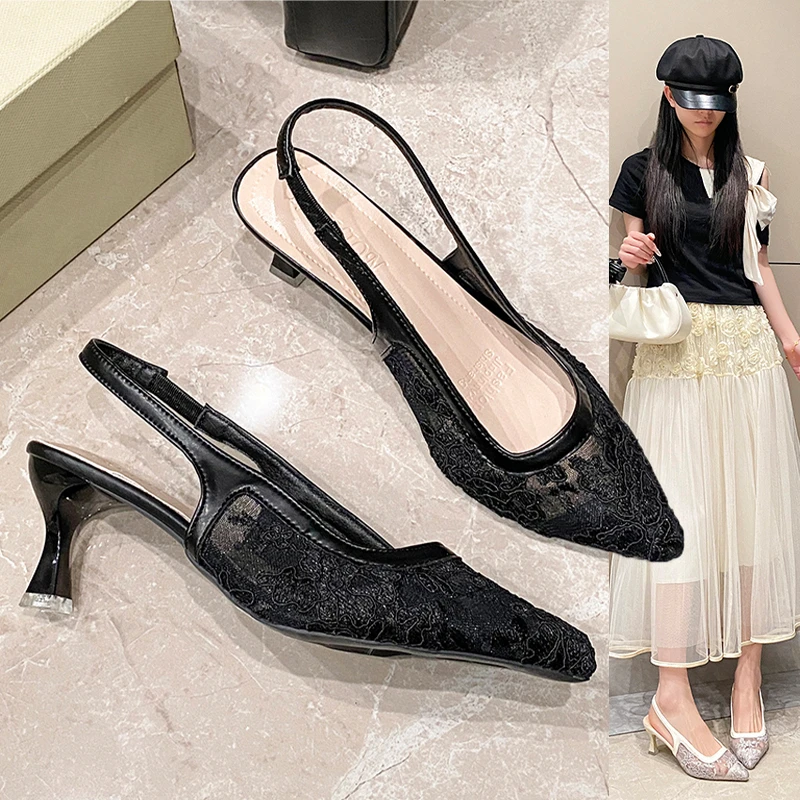 

Новые розовые элегантные женские туфли на высоком каблуке с сетчатым кружевом, большие размеры, сексуальные босоножки на каблуке-рюмочке 2026 года