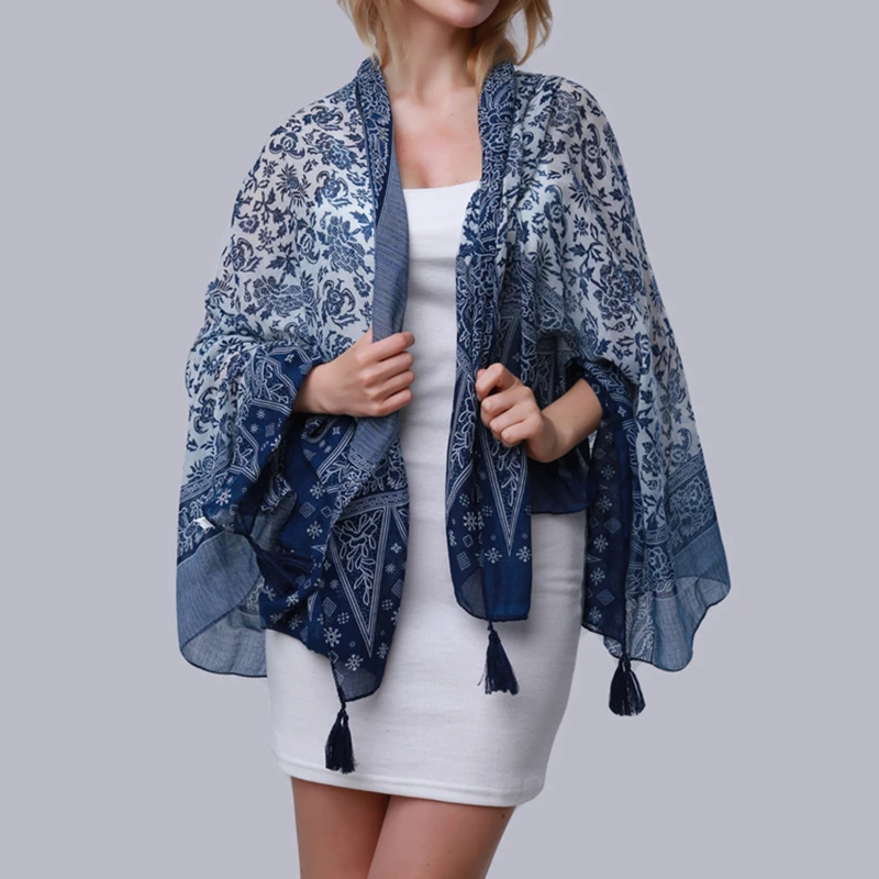 2024 Women Long Scarves Elegant Blue And White Porcelain Print Tassel Wraps Female National Style Beach Shawls