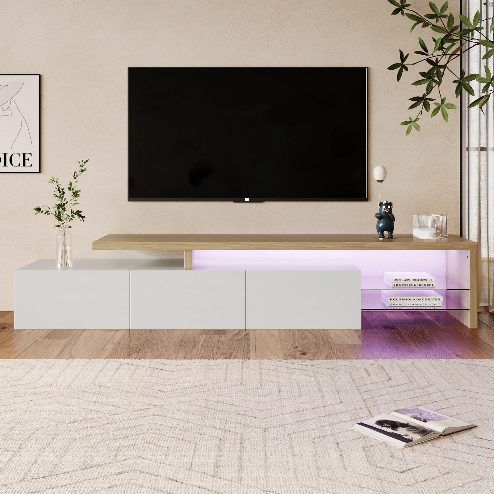 Modern TV cabinet design: stylish elegance, practical storage space, high-gloss white, wood look, glass shelves, LED lighting