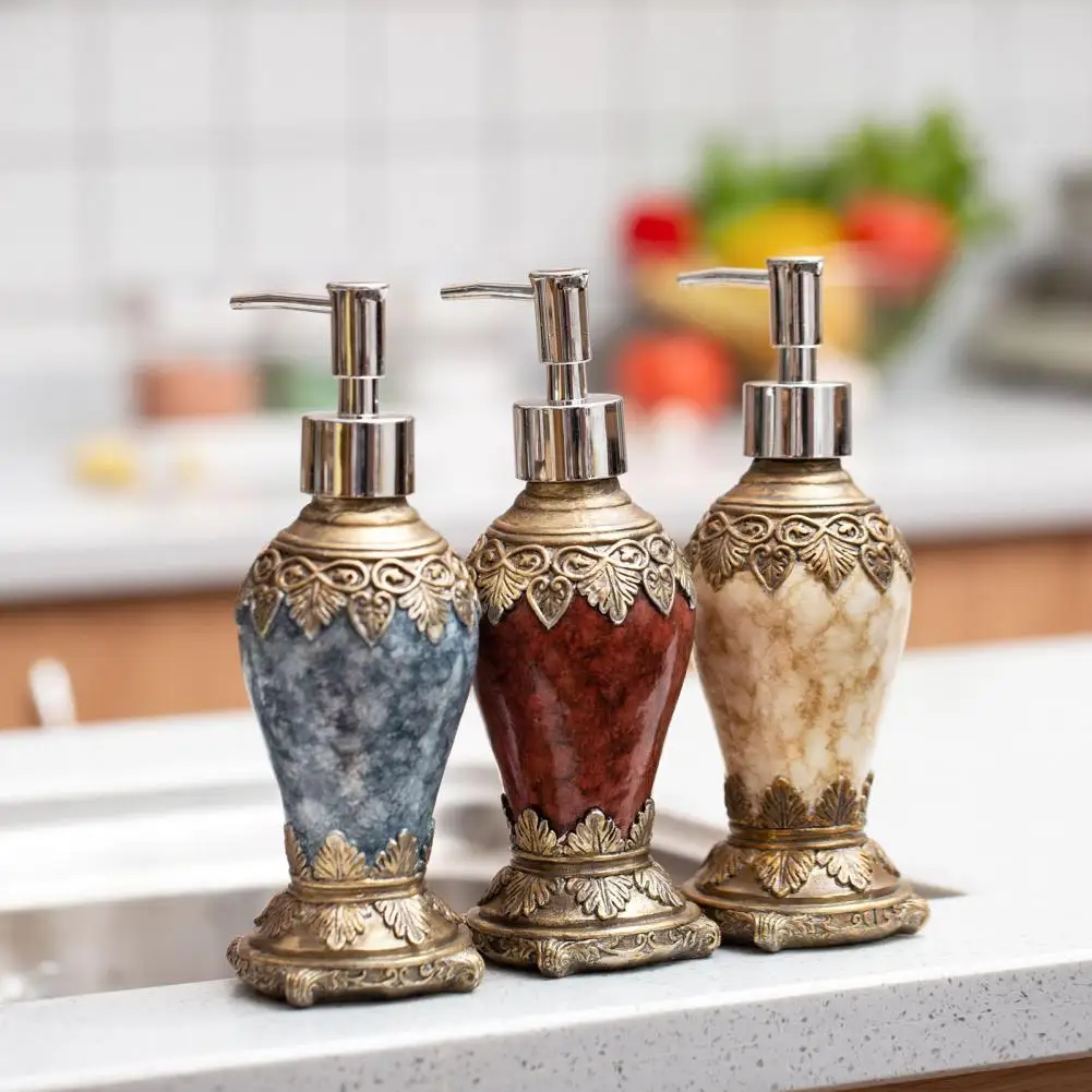 European Style Portable Soap Dispensers 300ml Shampoo Bottle Retro Refillable Resin Pattern Agate Hand Pump Bottle for Bathroom