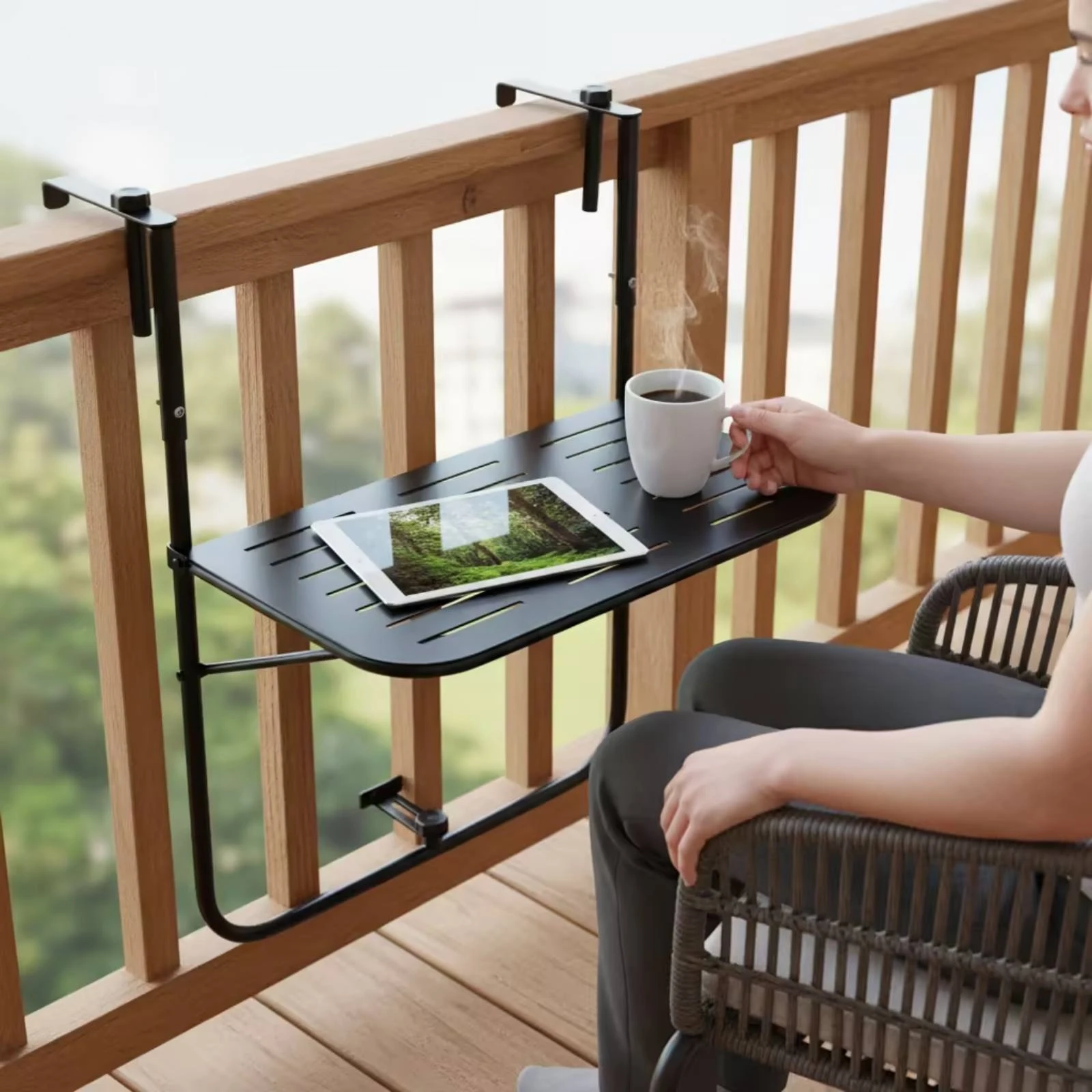 Railing-Mounted Table Metal Folding Balcony Table Railing Shelf Adjustable Furniture Compact for Patio, Apartment