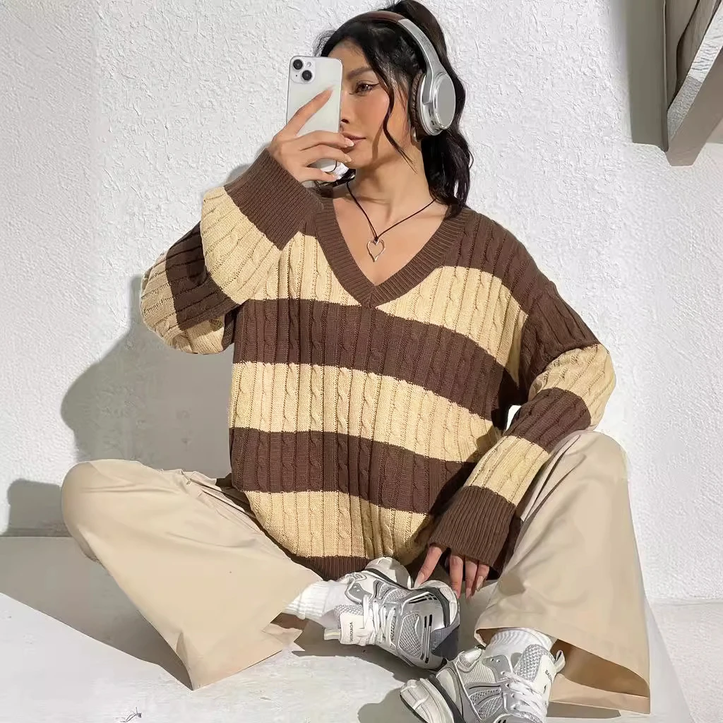 Suninbox Vintage V Neck Acrylic Knitted Sweaters Women Korean Fashion Long Sleeve Striped Sweater Pullover Autumn Winter Clothes