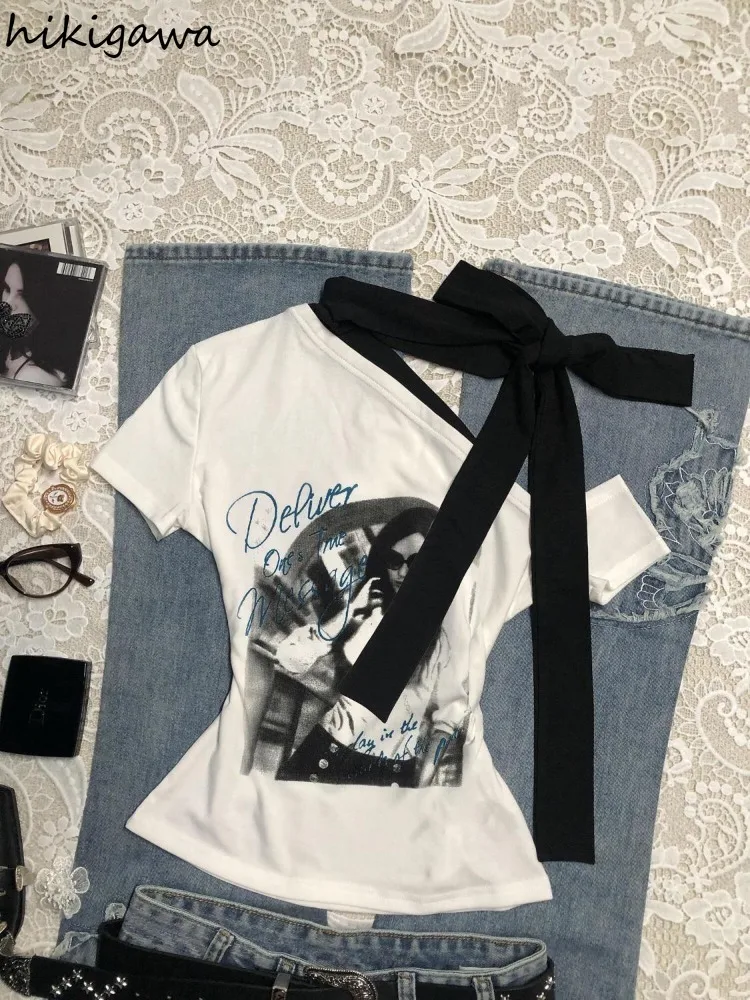 

White Tshirt Women Clothes Short Sleeve Print Bandage Bow Tees Fashion Off Shoulder Chic Camisetas Casual Tunic Y2k T-shirt Tops