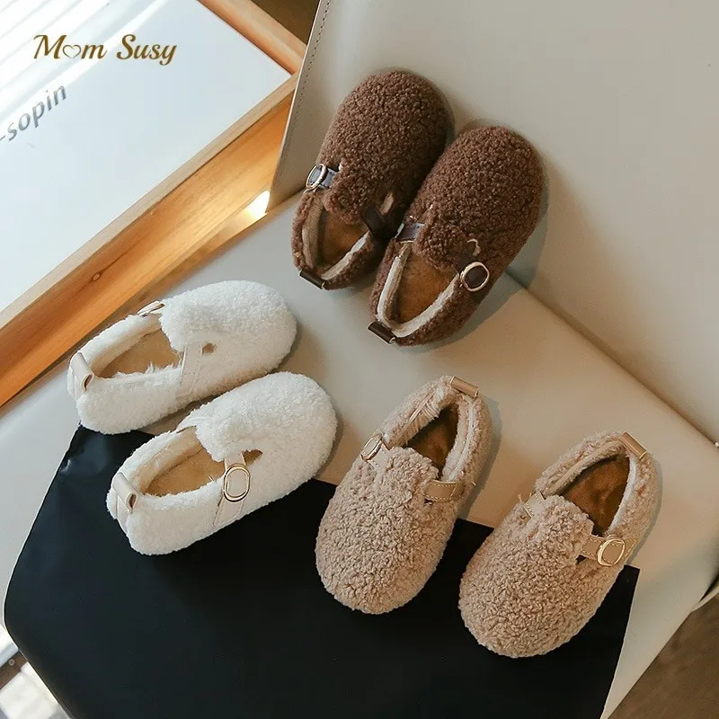 Fashion Baby Girl Boy Lamb Fleece Shoes Child Flat Shoes Winter Soft Bottom Hook Loop Band Warm Casual Shoe Chaussure Enfant