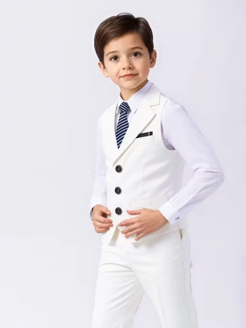

Костюм для мальчиков: белый жилет, рубашка, брюки, галстук. Нарядный комплект для фотосессий, свадеб, церемоний, школы.