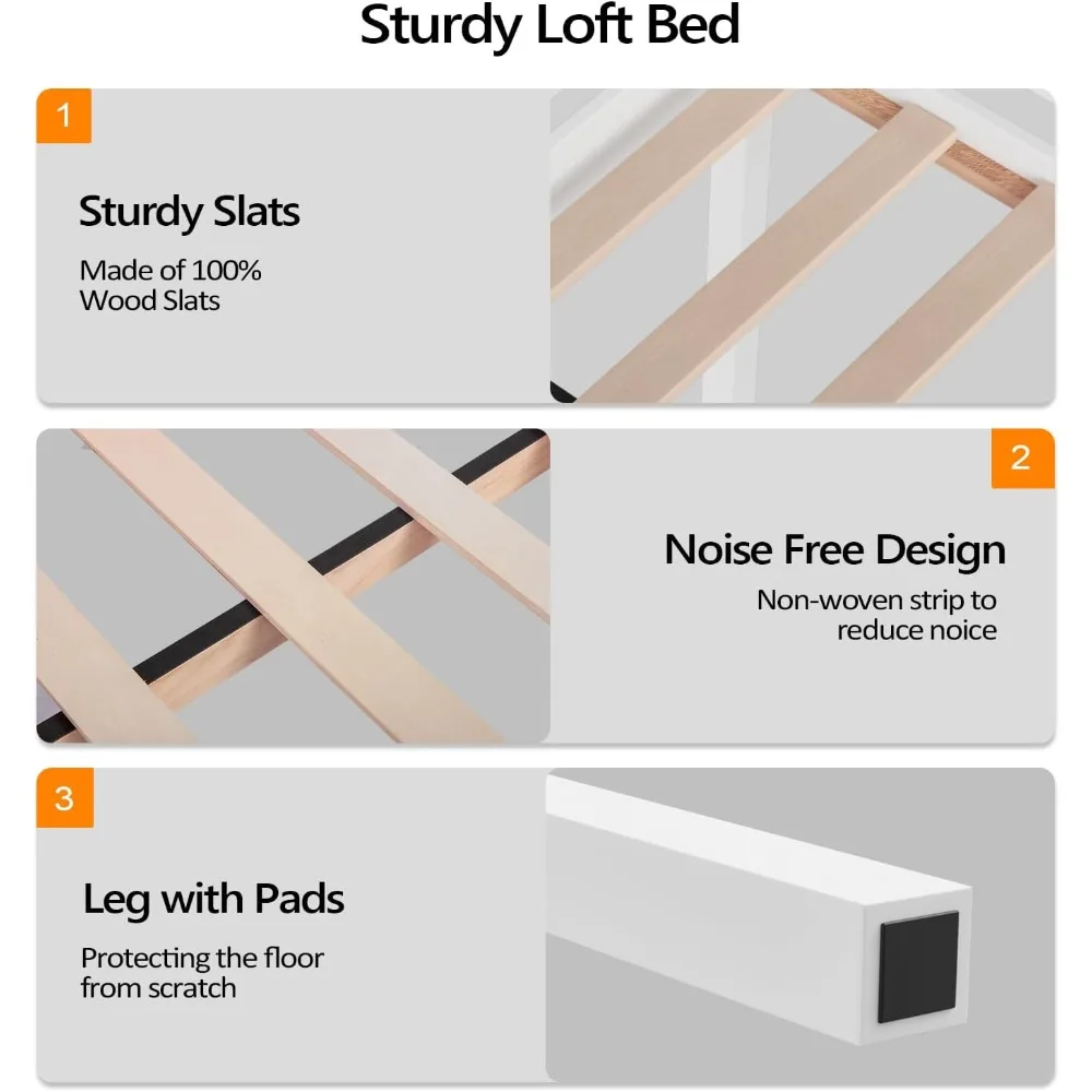 سرير صغير بطول 47 بوصة مع سلالم، خشب أبيض مقاس مزدوج للبالغين والأطفال والمراهقين، لا حاجة إلى صندوق زنبركي