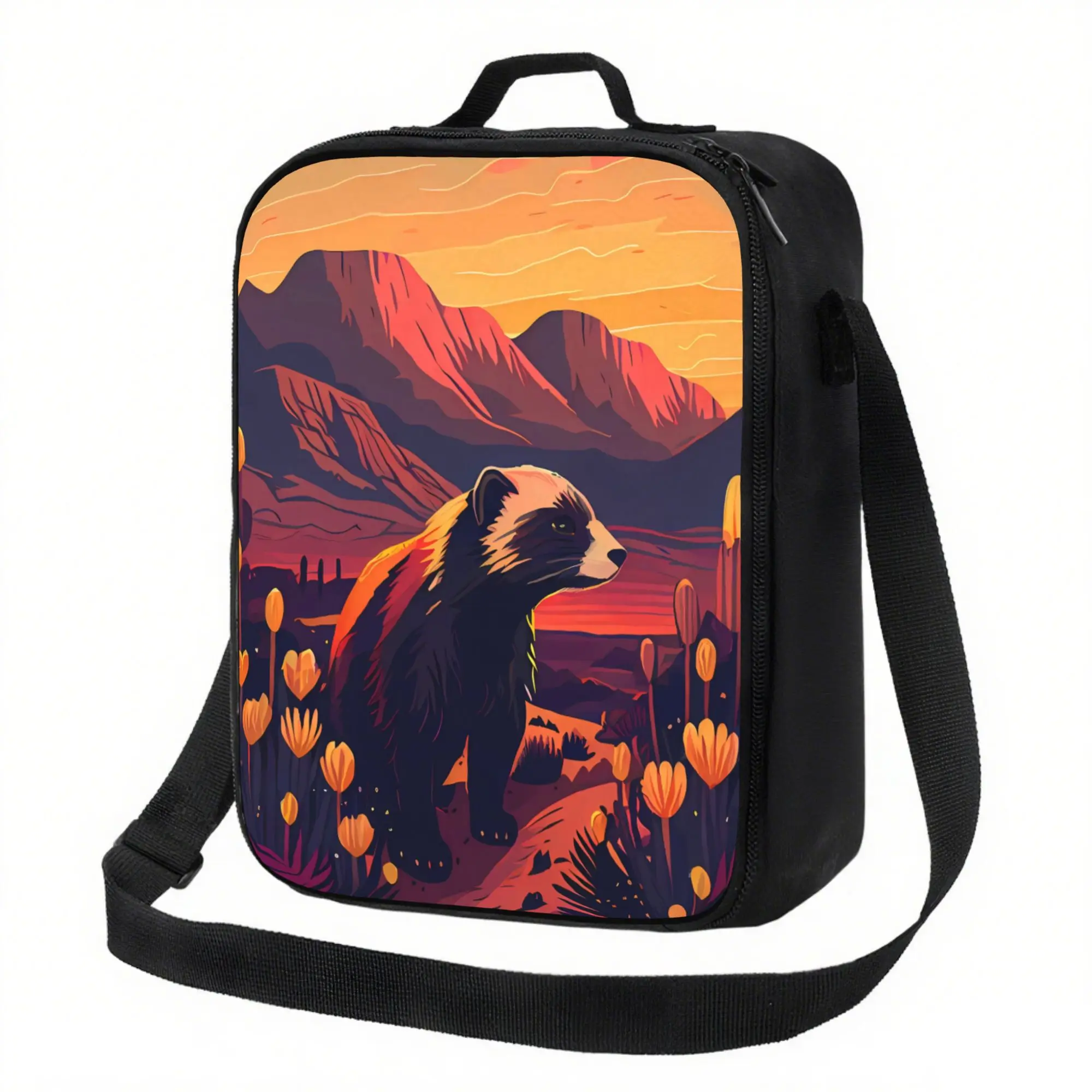 Honey Badger Print Tote Bag - Durable Square Backpack with Padded Back Panel Black Strap, Stylish Desert Wildlife Design