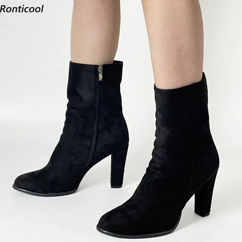 Ronticool Customize Available New Handmade Women Ankle Boots Block Chunky Heels Round Toe Black Party Shoes Size 35-52