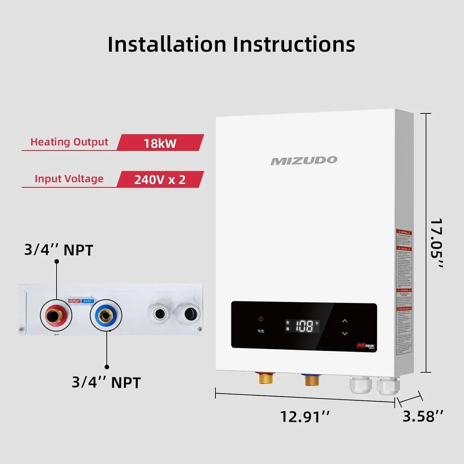 Tankless Water Heater, MIZUDO 18KW 240V, On Demand Instant Endless Hot Water Heater, Touch Control, with LED Digital Display, fo