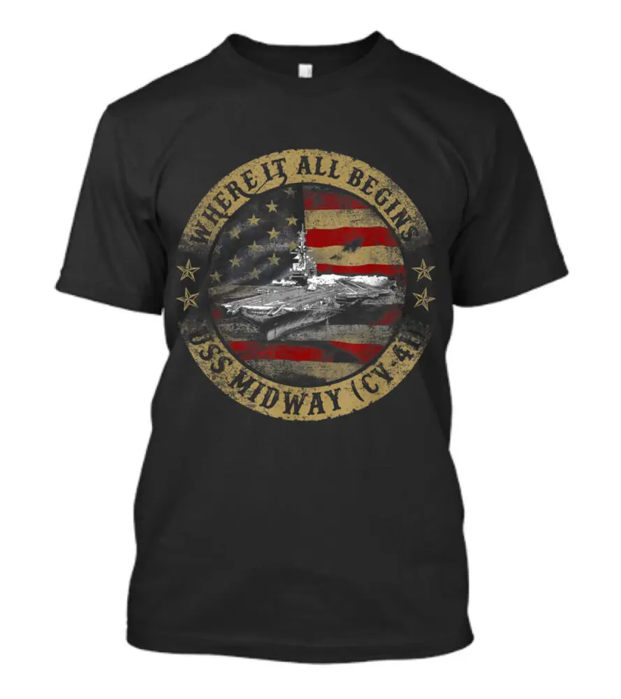 Dark Where It All Begins USS Midway CV-41 Veteran T-Shirt Anime Graphic T-shirts Unisex Summer Short Sleeve