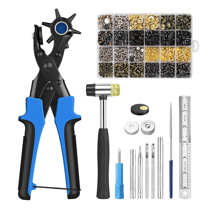 Belt Hole Puncher For Leather, 6 Sizes Revolving Hole Punch Pliers Set With Ruler, Grinding Rod, Plastic Hammer