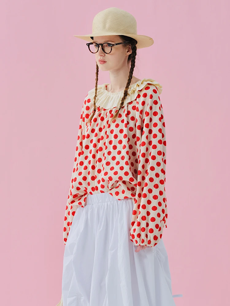 imakokoni 2024 autumn and winter Japanese casual commuting lace collar red polka dot pleated top T-shirt 244861